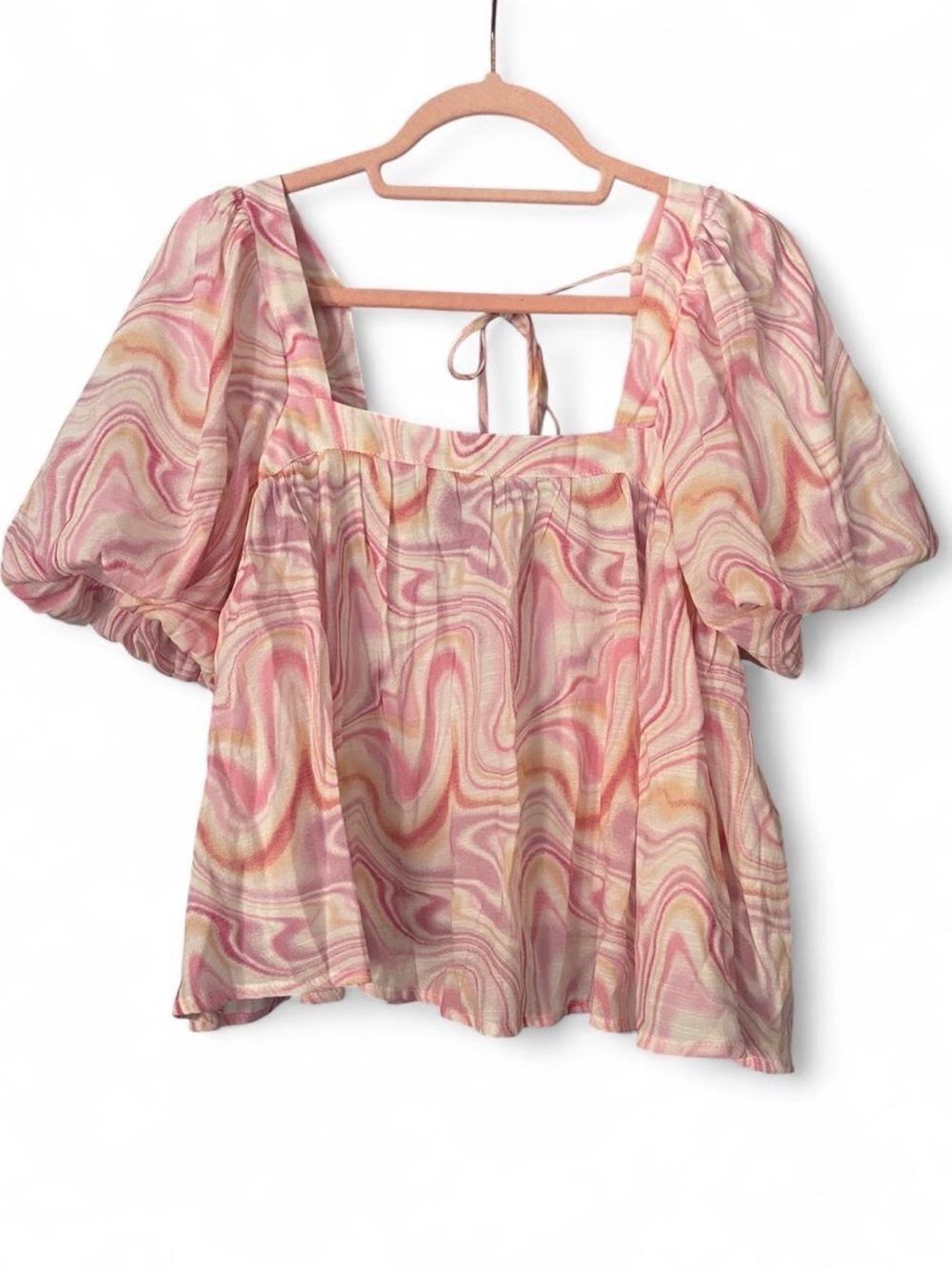 Blu Pepper Pink Marble Print Puff Sleeve Peasant Top - Picture 1 of 3